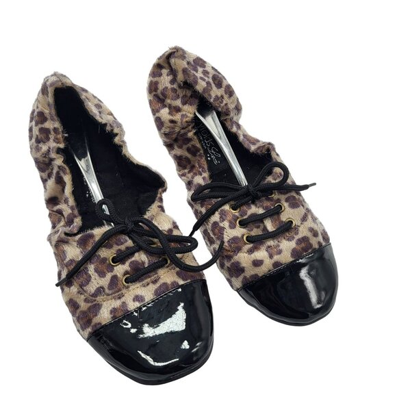 Footzy Folds Lace Up Cheetah Leopard Print Ballet Flat Fold Shoes Womens 6.5-7.5 - Picture 2 of 11